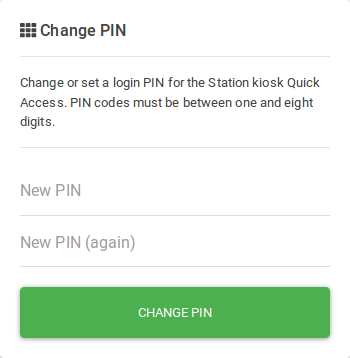 Card with two text boxes for entering a PIN code, and a button titled 'Change PIN'.