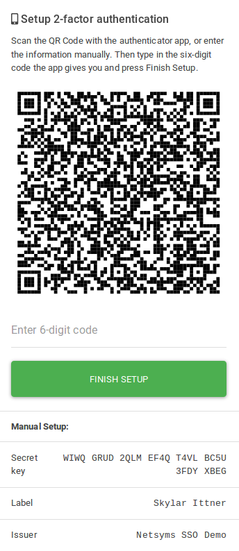 Card with a QR code, text box titled 'Enter 6-digit code', button titled 'Finish Setup', and information for manual setup.