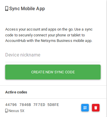 Card with a text box labeled 'Device nickname', a button labeled 'Create new sync code', and a list of paired devices.