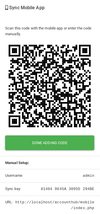 Card with a QR code, button titled 'Done adding code', and manual setup information.