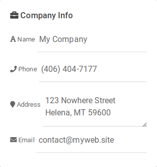 Card with text boxes labeled Name, Phone, Address, and Email